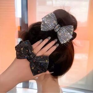 Elegant & Luxurious Black & Silver Rhinestone Hair Bow Set Of Two